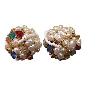 1950s Vintage Pearl and Gold Beaded Earrings 1.15”
